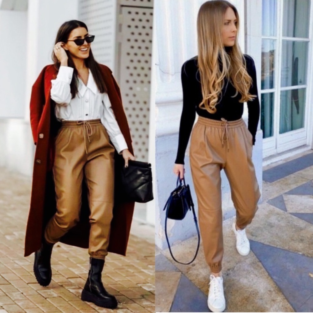 ZARA High Rise Faux Leather Jogger in Tan - Size L